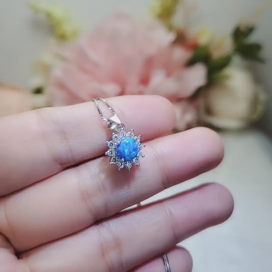 Tiny Blue Opal Necklace, Gemstone Sunflower Princess Diana Style Sterling Silver Halo 6 mm Blue Opal Pendant Jewelry #002