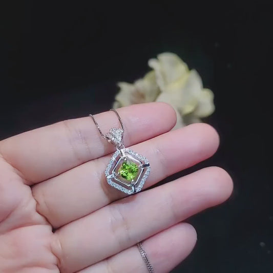 Genuine Peridot Necklace Diamond Crown Square Peridot Pendant 18KGP @ Sterling Silver - Double  Halo 1CT Natural Green Peridot  Jewelry #303