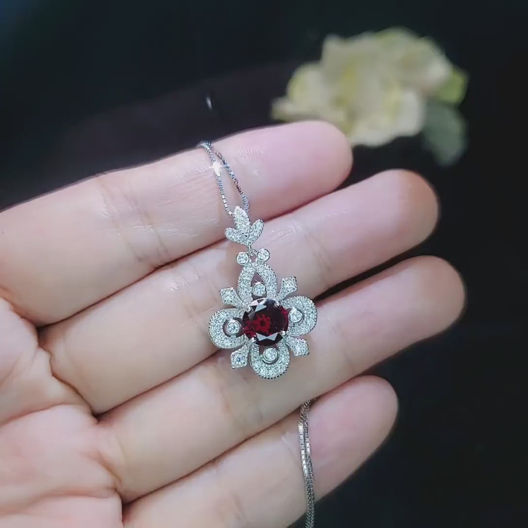 Red Garnet Necklace - Gemstone Flower Pendant - 18kgp @ Sterling Silver - Garnet Jewelry #604