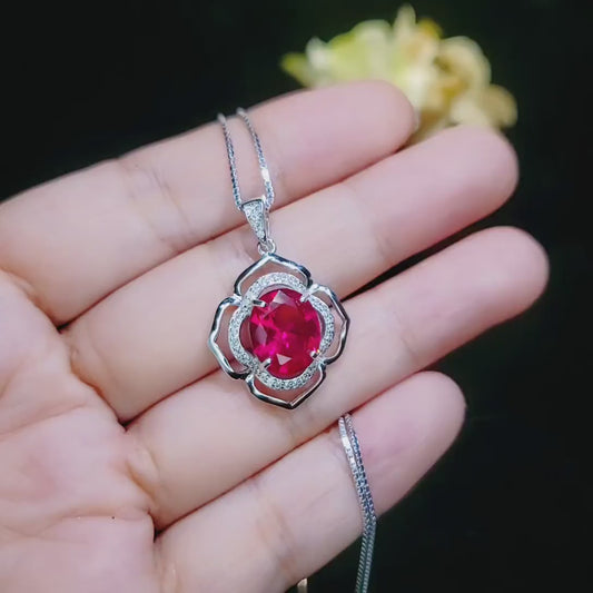 Ruby Necklace Sterling Silver Flower Of Life Red Gemstone 5 CT Pendant Sim Gemstone White Gold plated Large July Birthstone Bridal  #547
