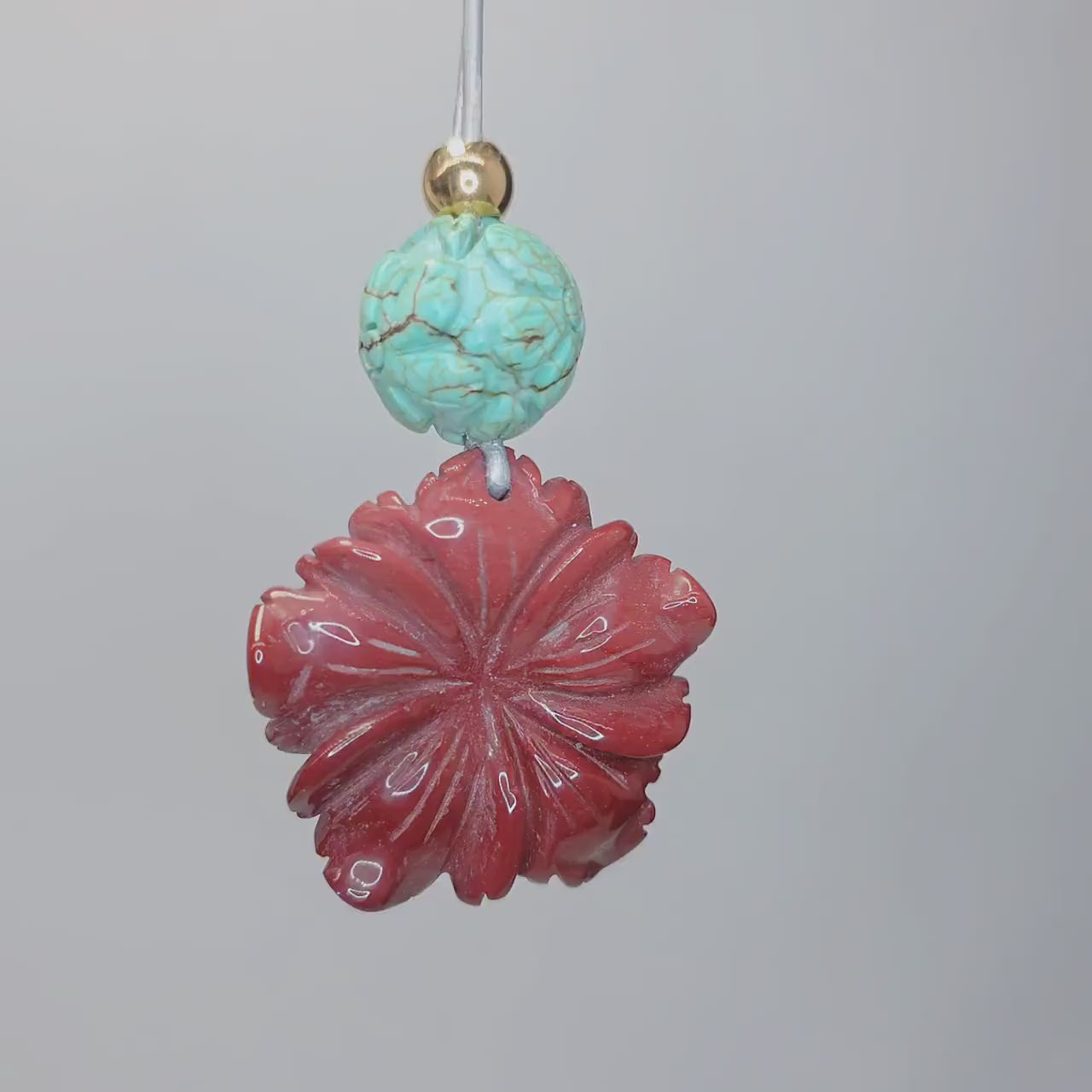 Red Jasper Carved Flower Necklace, Chunky Geometric Turquoise Flower of Life Zen Amulet, Boho Chic Jewelry, adjustable leather cord