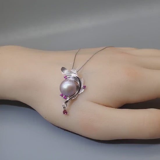 Pink Pearl Necklace Sterling Silver - Large 12mm Genuine Freshwater Pearl Leaf Leaves Ruby Feather Necklace 1100