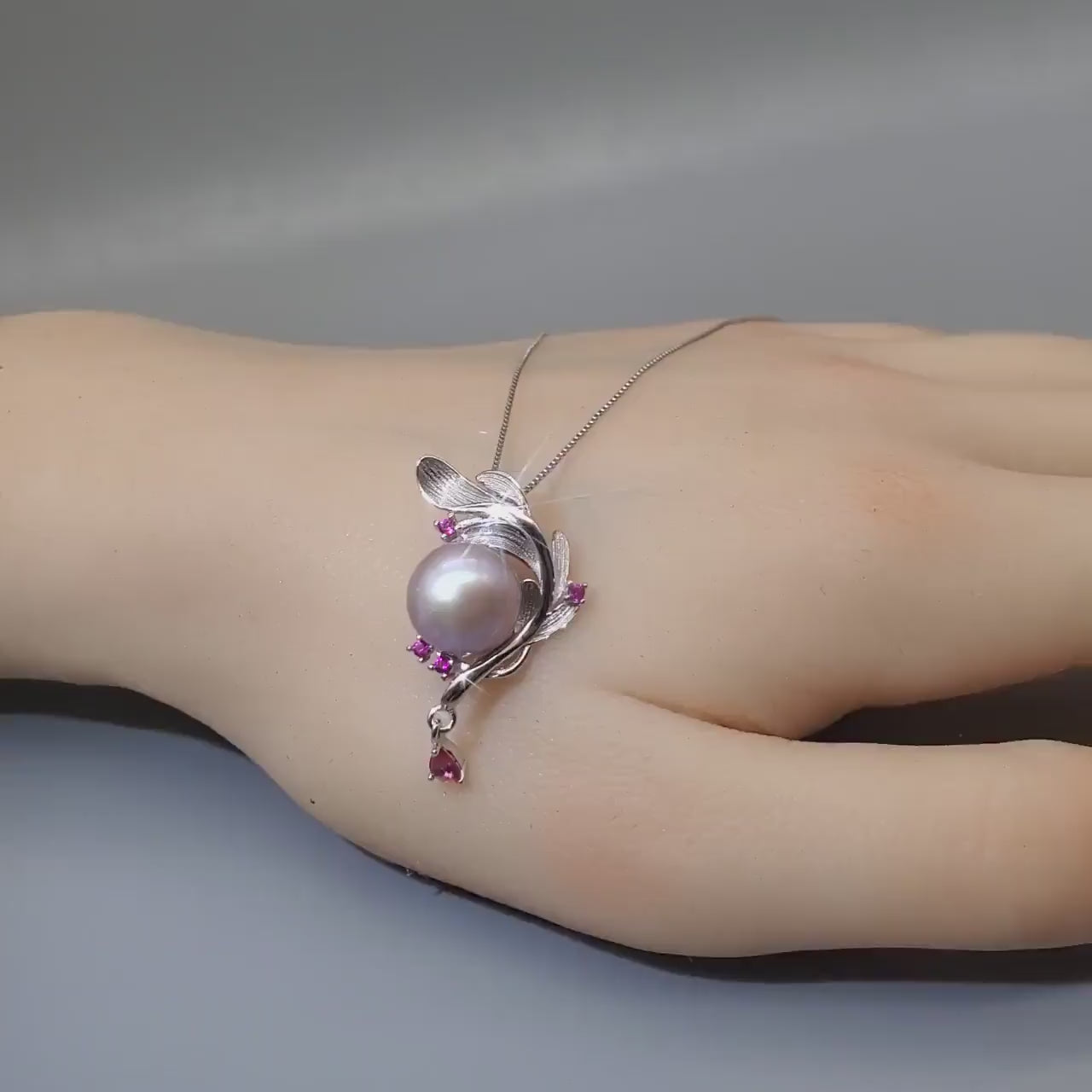 Pink Pearl Necklace Sterling Silver - Large 12mm Genuine Freshwater Pearl Leaf Leaves Ruby Feather Necklace 1100