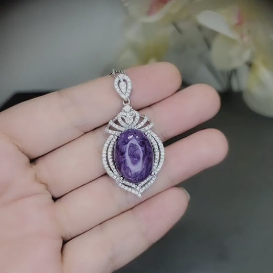 Genuine Purple Charoite Necklace White Gold plated Sterling Silver 10 CT Halo   Charoite Pendant Gemstone Large Wedding  Royal#982