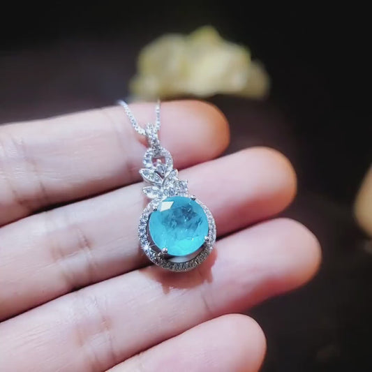 4 CT Blue Paraiba Tourmaline Necklace - 18KGP Sterling Silver - Gemstone Flower Petal -  Unique Design Paraiba Pendant #179