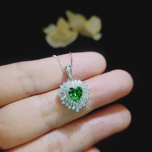 Double  Halo Emerald Heart Necklace - Full Sterling Silver - May Birthstone -  Tiny Green Gemstone Emerald Jewelry -18KGP #294