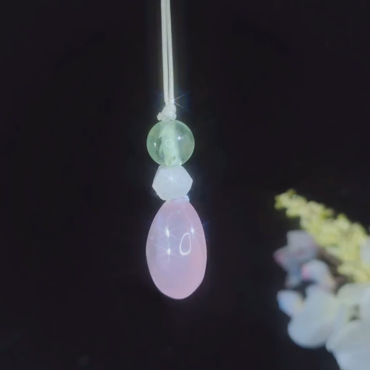 Chunky Rose Quartz & Green Fluorite Necklace, Geometric Birthstone Zen Pendant, Natural Clear Quartz, Adjustable White Leather Cord