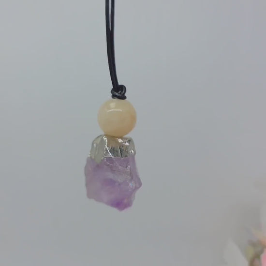 Amethyst Necklace Chunky Natural Raw Amethyst Pendant Leather Cord Yellow Agate February Birthstone Crystal Healing Yoga Jewelry