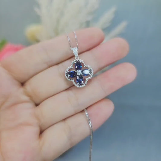 Blue sapphire Necklace - Sterling Silver Four-leaf Clover Necklace - September Birthstone  - Blue Sapphire Jewelry #993