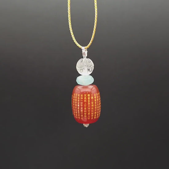 Red Carnelian Heart Sutra Pendant Necklace, Clear Quartz Lotus  Spiritual Buddhist  Protection Amulet chunky stone jewelry #2330