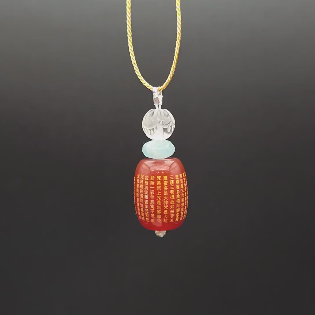 Red Carnelian Heart Sutra Pendant Necklace, Clear Quartz Lotus  Spiritual Buddhist  Protection Amulet chunky stone jewelry #2330