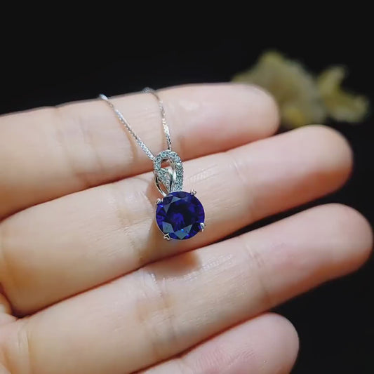 1.8 Ct Blue Sapphire Necklace, White Gold plated Sterling Silver Sim Gemstone September Birthstone Dainty Round ,Blue Sapphire Pendant #158