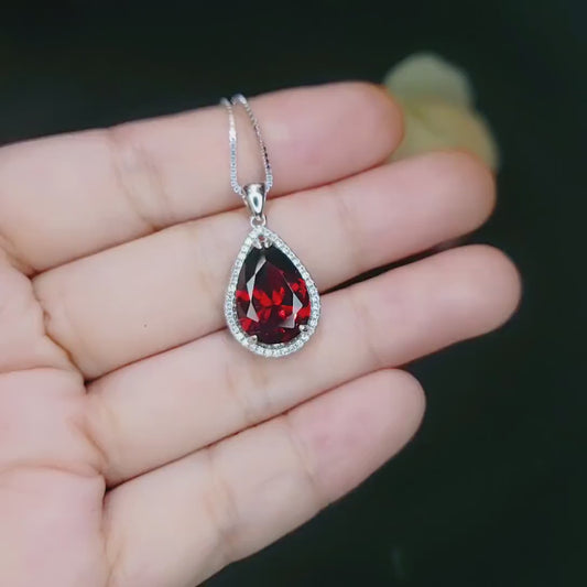 Large Teardrop Garnet Necklace - 5.5 CT Deep Red Gemstone Garnet Pendant - White Gold Sterling Silver January Birthstone #772