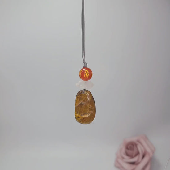 Chunky Tiger's Eye Necklace, Geometric Mantra Carnelian & Quartz Pendant, Zen Spiritual Protection Jewelry, adjustable leather cord #2578