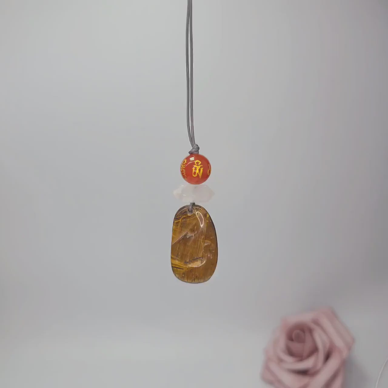 Chunky Tiger's Eye Necklace, Geometric Mantra Carnelian & Quartz Pendant, Zen Spiritual Protection Jewelry, adjustable leather cord #2578