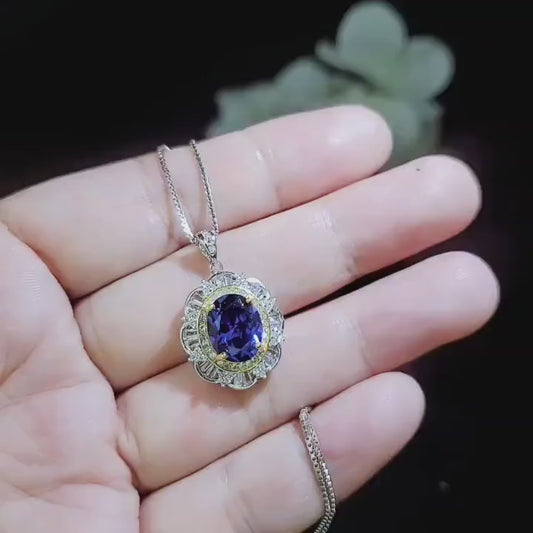 Large Tanzanite Necklace Gemstone Lotus Solitaire 3 CT Blue Gemstone Pendant December Birthstone White Gold plated #712