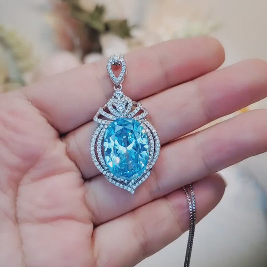 Large Aquamarine Necklace - 18KGP @ Sterling Silver -  14 ct Oval Cut Blue Aquamarine Pendant #915