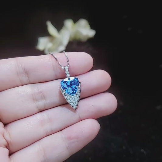 Large Blue Topaz Necklace - Trillion Cut - Blue Topaz Pendant - 18KGP Sterling Silver - Protective Queen's  Guard Sword #760