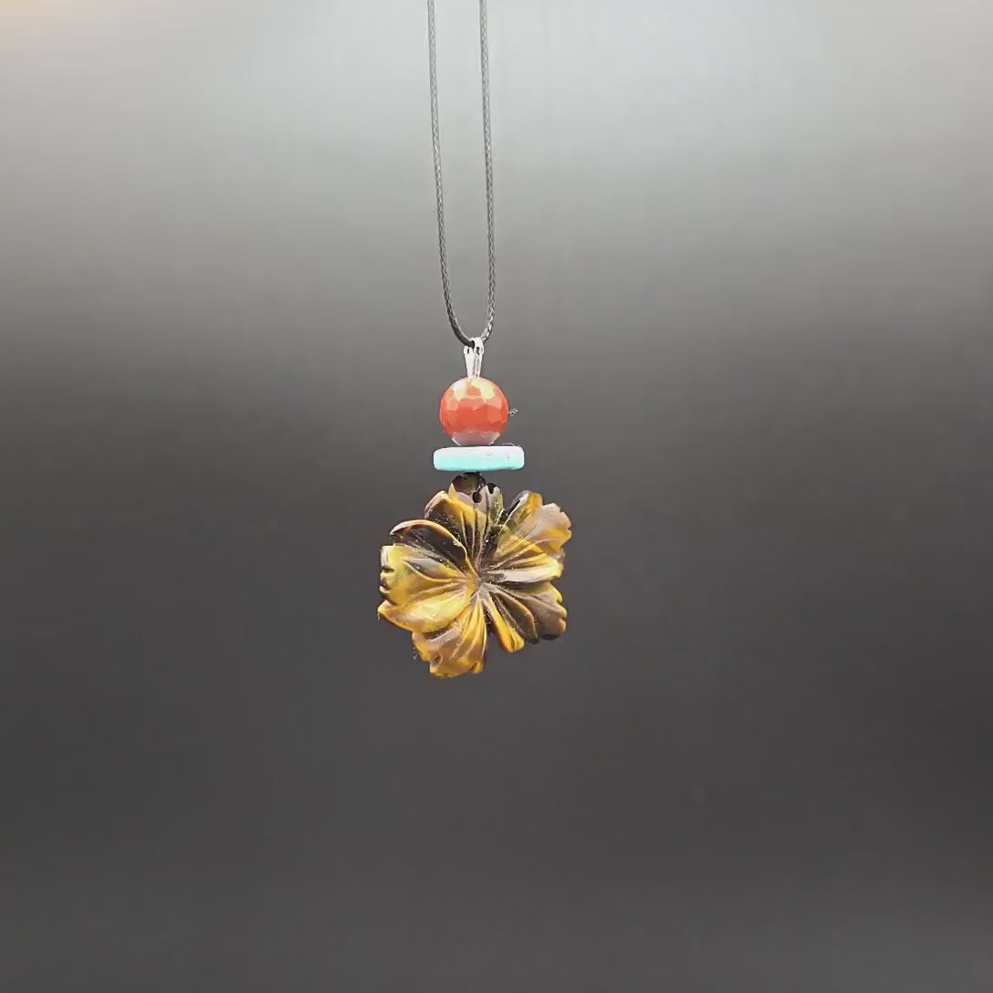 Hand-Carved Tiger's Eye Flower Pendant Necklace, Genuine Turquoise Red Jasper Beads, Adjustable Cord  Boho chunky stone jewelry #2331