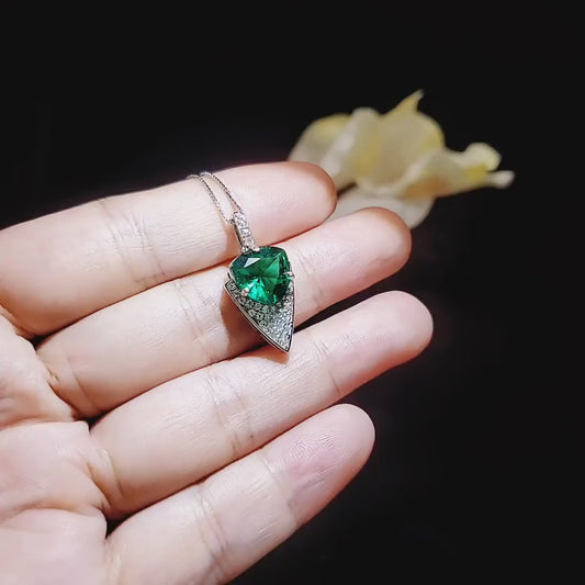 Large Trillion Cut Emerald Necklace - 18KGP Sterling Silver - Protective Queen's  Guard Sword - May Birthstone #763