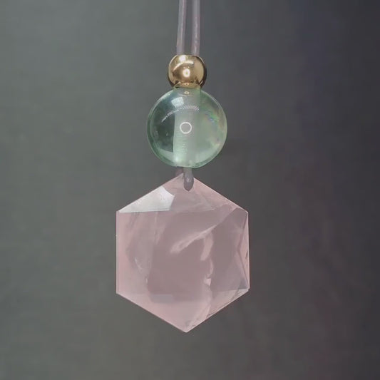 Geometric Rose Quartz Necklace, Chunky Star of David Crystal Pendant with Fluorite, Healing Stone Jewelry, Adjustable Leather Cord 30“ #2571