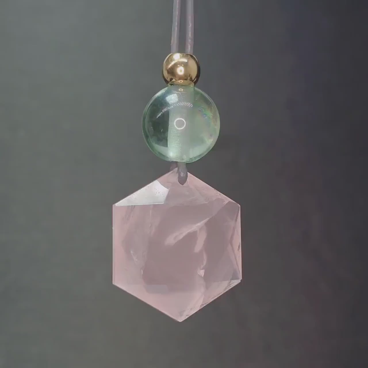 Geometric Rose Quartz Necklace, Chunky Star of David Crystal Pendant with Fluorite, Healing Stone Jewelry, Adjustable Leather Cord 30“ #2571