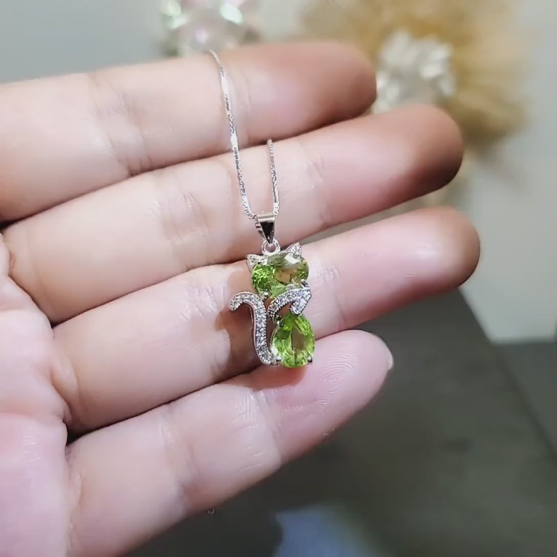 Genuine Peridot Necklace Sterling Silver Cat Kitty Necklace - Natural Green Peridot Pendant - 925 Silver Heart Chakra  Pedridot Jewelry #222