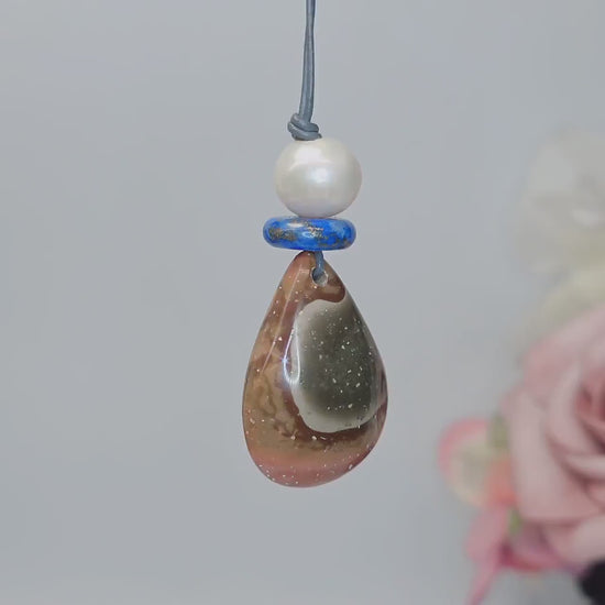 Ocean Jasper Necklace Baroque Pearl Lapis Lazuli Pendant Geometric Chunky Jewelry for Her, Adjustable Leather Cord Birthstone Gift