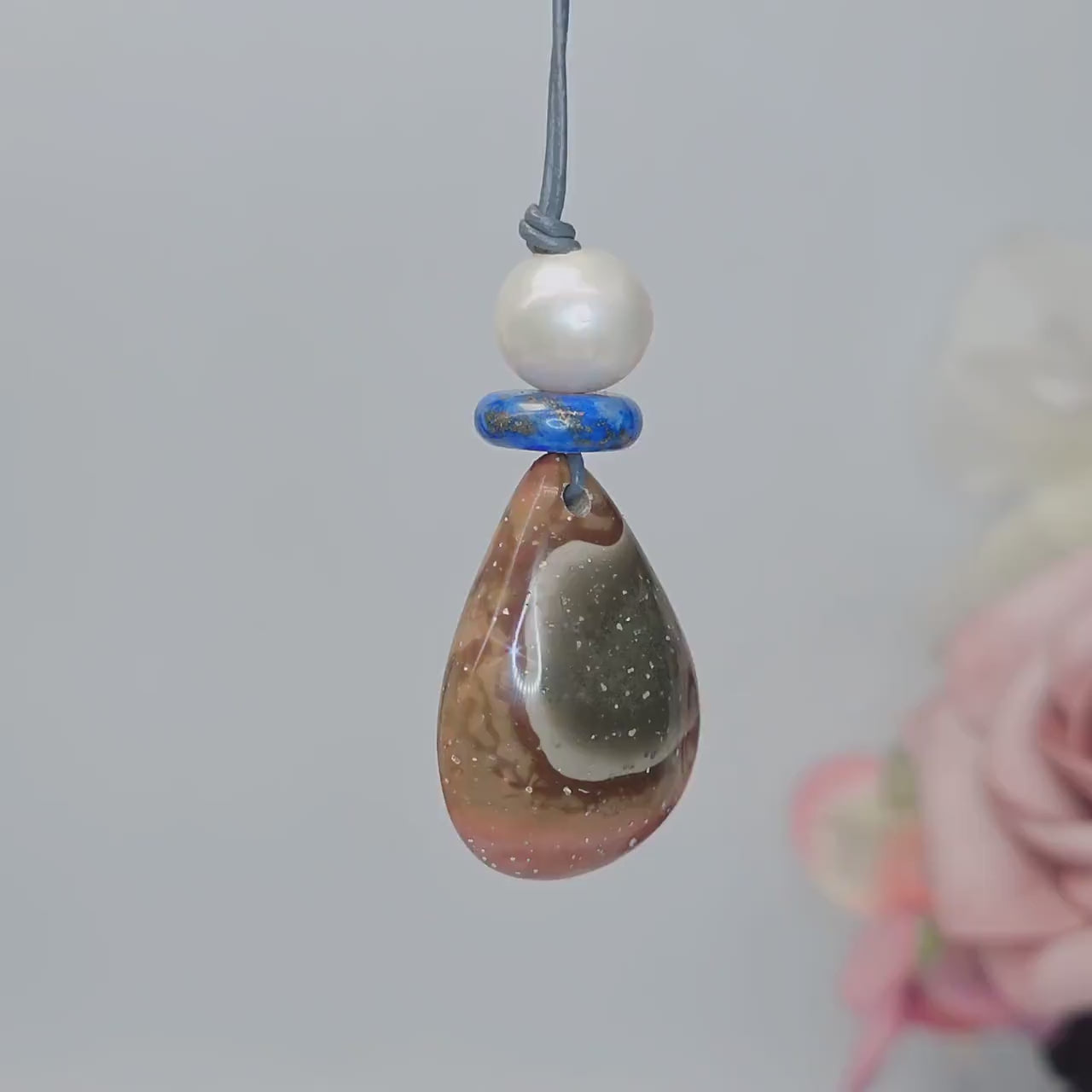 Ocean Jasper Necklace Baroque Pearl Lapis Lazuli Pendant Geometric Chunky Jewelry for Her, Adjustable Leather Cord Birthstone Gift