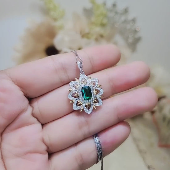 Green Emerald Necklace - Gemstone Water Lily Flower Pendant - 18KGP @ Sterling Silver -  1 CT Emerald Jewelry - Goddess Athena Necklace #651