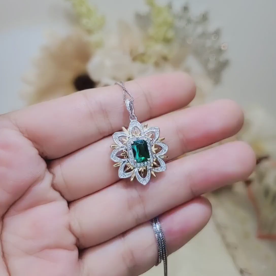 Green Emerald Necklace - Gemstone Water Lily Flower Pendant - 18KGP @ Sterling Silver -  1 CT Emerald Jewelry - Goddess Athena Necklace #651