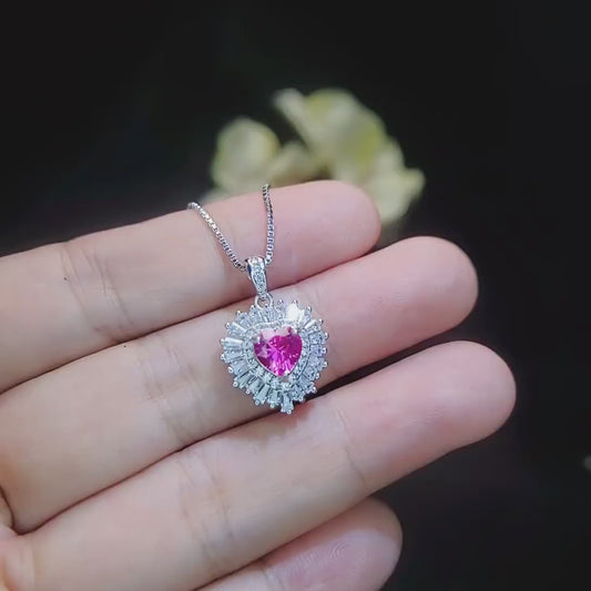 Double Halo Pink Sapphire Necklace -  Pink Heart Pendant - 18KGP @ Sterling Silver - Dainty Fuchsia Red Pink Sapphire Pendant #298