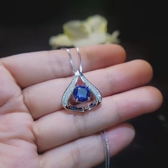 Protective Heart Blue Sapphire Necklace - Gemstone Fat Triangle Sapphire Pendant - 18KGP & Sterling Silver 2 Ct Round Cut Blue Sapphire #584