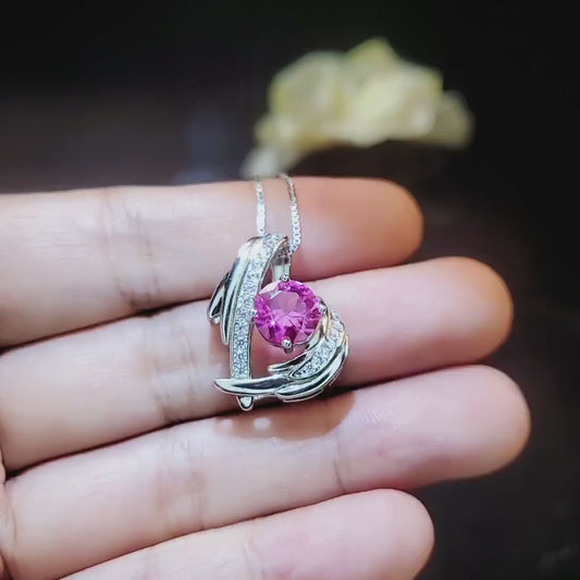 Pink Tourmaline Necklace - Protective Angel Wing Necklace - 18KGP @ Sterling Silver  - Store Exclusive Design - Angel Wing Pink Pendant #877