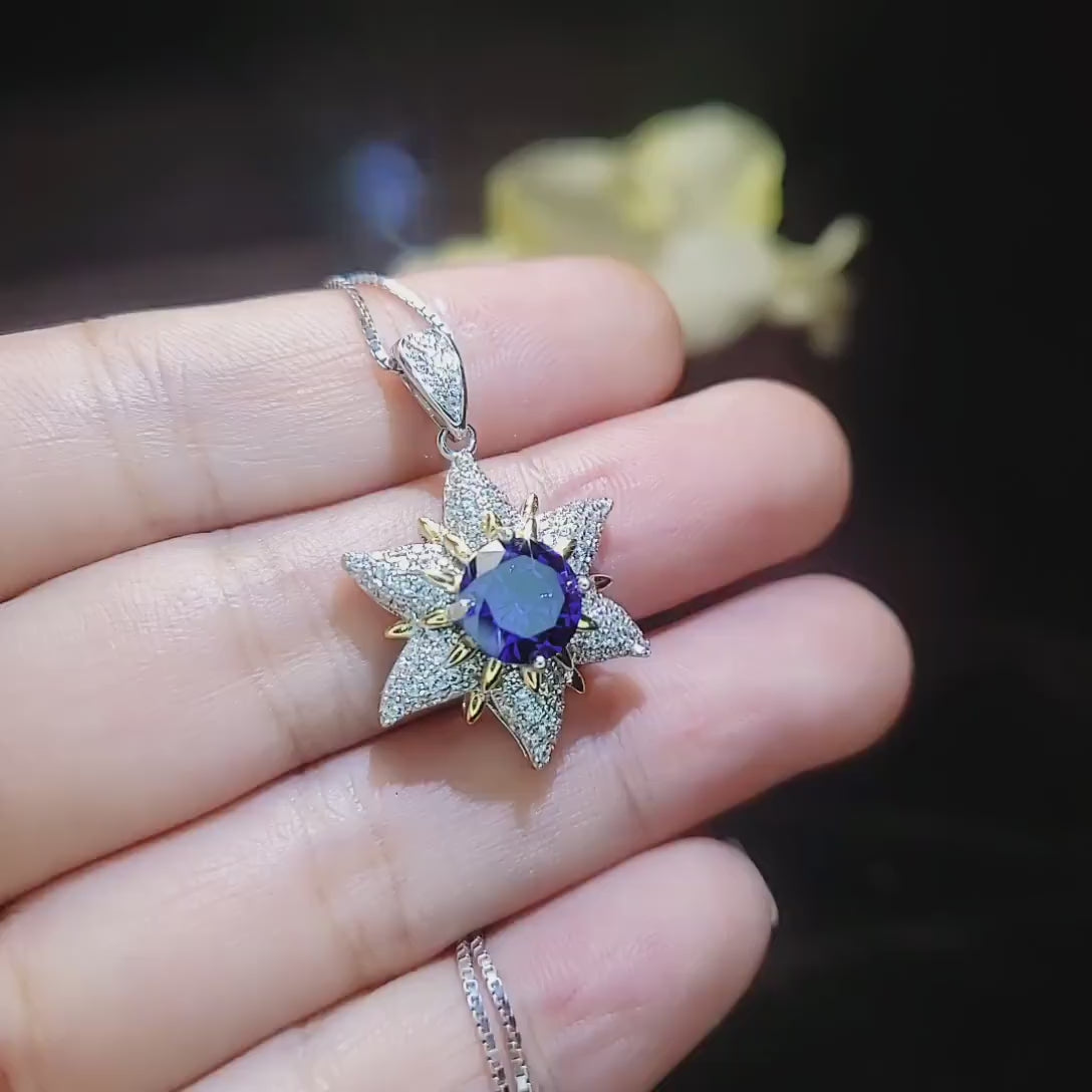 Gemstone Star Blue Tanzanite Necklace - 18KGP Sterling Silver -  6 Point Star Pendant - 2CT  Hexagram Deep Blue Tanzanite Jewelry #882