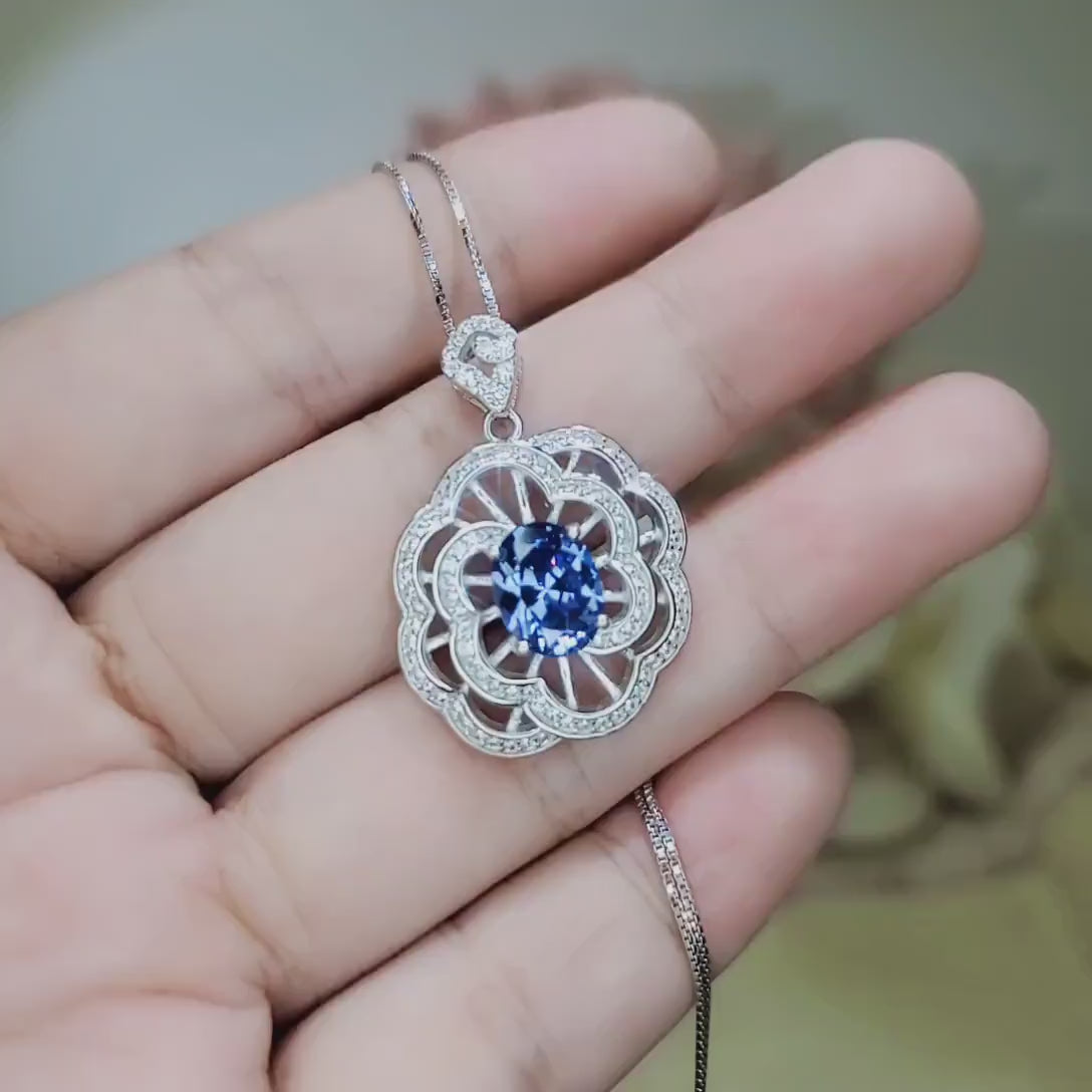 Gemstone Peony Blue Tanzanite Necklace, 2.1 CT Blue Gemstone Pendant 18k @ Sterling Silver Flower  Tanzanite Jewelry #555