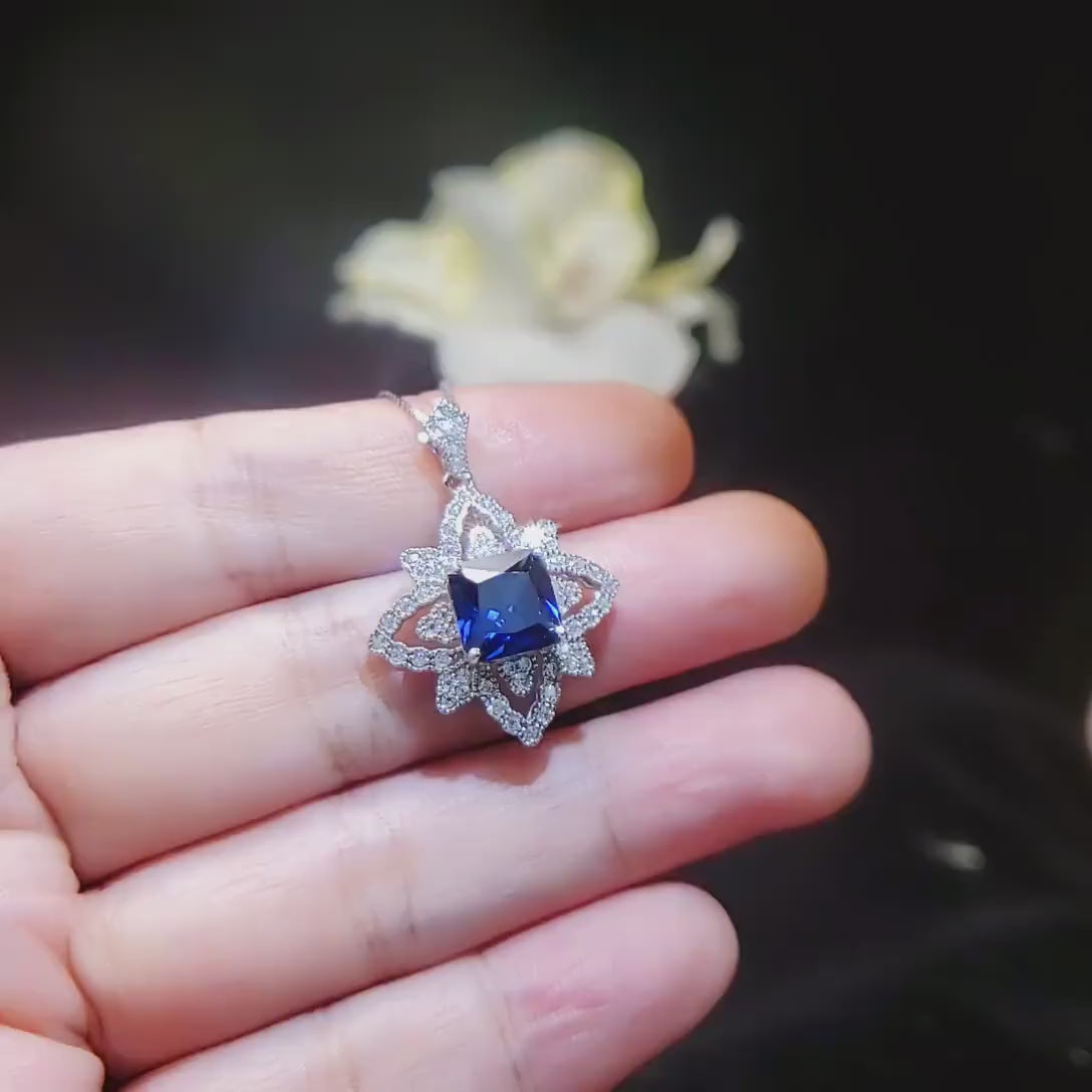Blue Sapphire Necklace  Gemstone Medal of Honor Flower Necklace 18KGP @ Sterling Silver Star Pendant Four Petal Flower Sapphire Jewelry #515
