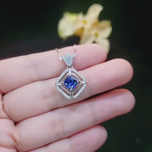 Gemstone Flower Square Tanzanite Necklace White Gold Coated 925 Sterling Silver Tiny  Lab Created Tanzanite Pendant - Overlap Square #339