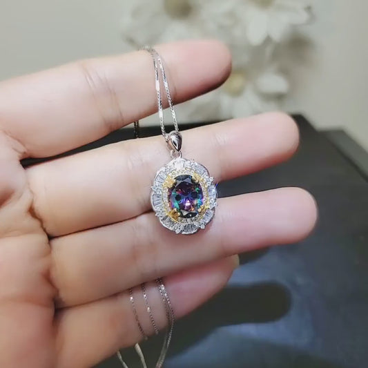 Large Oval Mystic Topaz Necklace - Sterling Silver Rainbow Topaz Pendant  #550