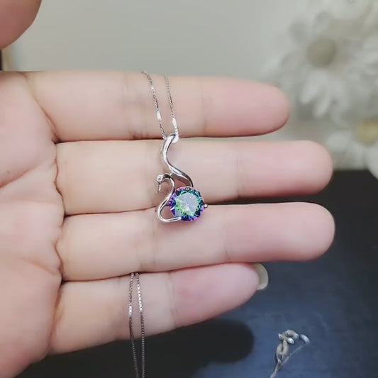 Mystic Topaz Swan Necklace - 18Kgp @ Sterling Silver - Rainbow Mystic Topaz Pendant -  Solitaire Single Simple Bird Pendant #155