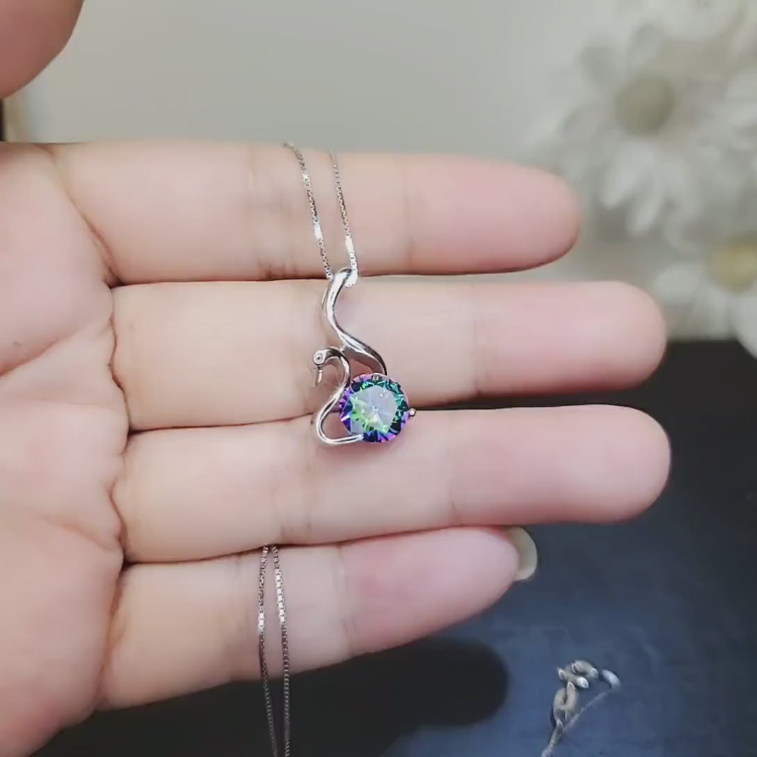 Mystic Topaz Swan Necklace - 18Kgp @ Sterling Silver - Rainbow Mystic Topaz Pendant -  Solitaire Single Simple Bird Pendant #155
