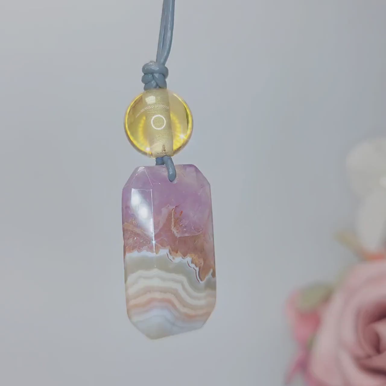 Chevron Amethyst Crystal Pendant Necklace, Chunky Geometric Citrine Healing Stone Jewelry, Adjustable Leather Cord