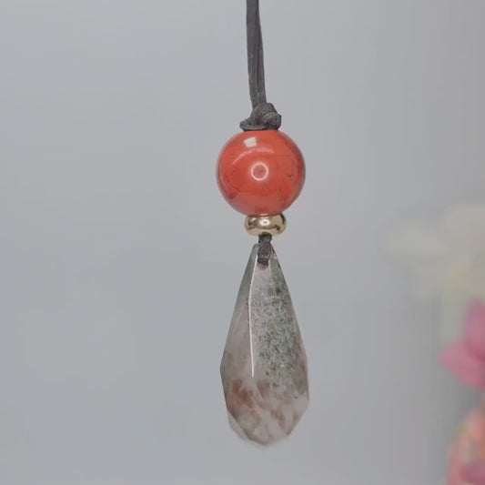 Chunky Garden Quartz Necklace, Geometric Faceted Phantom Crystal Pendant with Red Jasper, Zen Spiritual Jewelry, Adjustable Leather  #2573