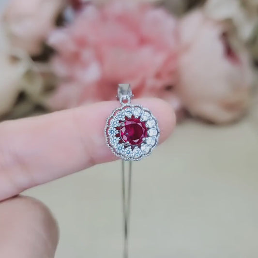 Tiny Ruby Flower Necklace Diamond Cherry Blossoms Sterling Silver White Gold Plated 0.85 CT July Birthstone 1049