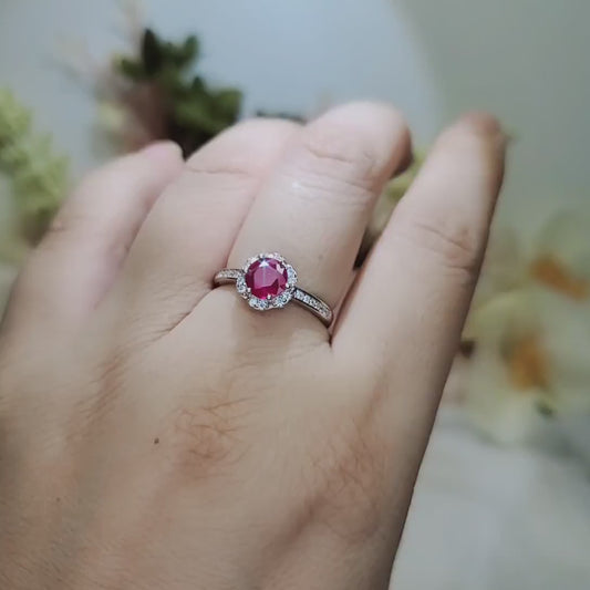 Tiny Ruby Flower Ring, Sterling Silver 0.85 CT, Red Ruby Ring, July Birthstone Gemstone Jewelry  ring 1058