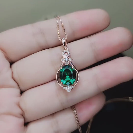 Green Emerald Necklace Rose Gold coated 925 Sterling Silver Oval May Birthstone Life of Flower Pendant #946