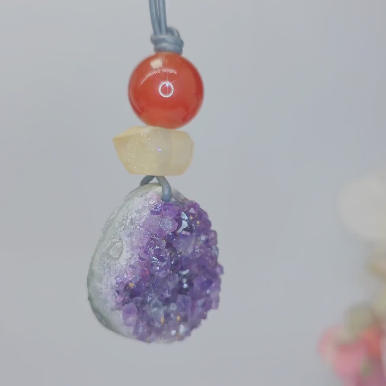 Amethyst Necklace Natural Crystal Druzy Pendant, Chunky Carnelian Geometric Jewelry for Men Women with Adjustable Leather Cord up to 30