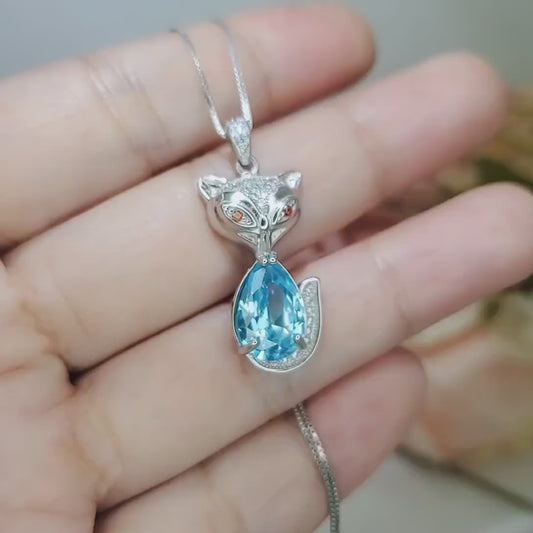 Aquamarine Necklace -Sterling Silver Fox Pendant - 2.5 CT  Pendant Teardrop Pear Cut - Deep Sky Blue - Aquamarine Jewelry - 18KGP #442