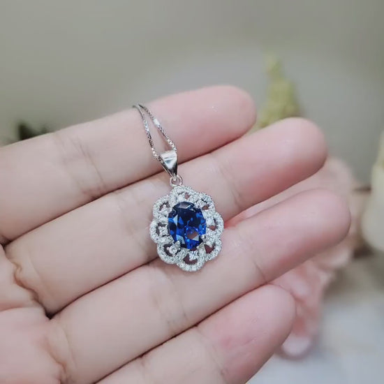 Royal Blue Sapphire Necklace - Gemstone Flower 2.1 CT Blue Sapphire Pendant -  Blue Gemstone Jewelry #488