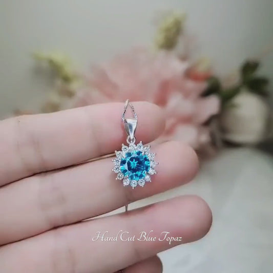 Blue Topaz Necklace - White Gold coated Sterling Silver Princess Diana Style Halo Sunflower 2 CT Blue Topaz Jewelry #171